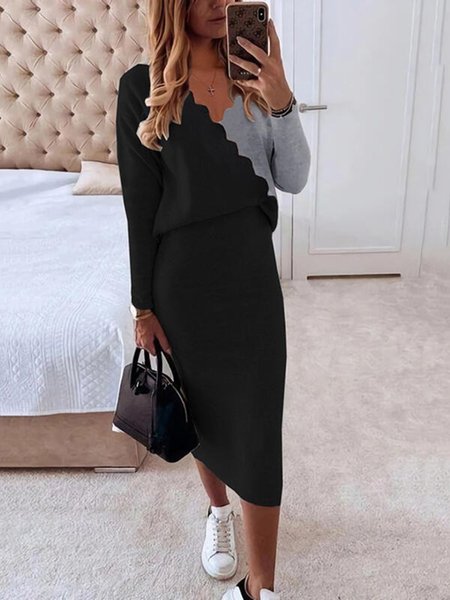 

V Neck Casual Color Block Midi Top With Skirt Suits, Black, Midi Dresses