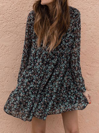 

V Neck Floral Dresses, Black, Mini Dresses