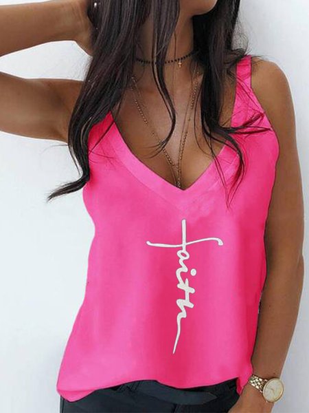 

Casual Letter V Neck Vests, Rose red, Tank Top