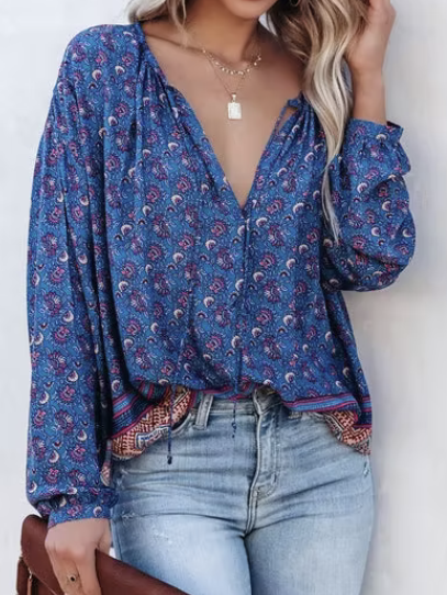 Boho V Neck Shirts & Tops, Dark blue, Tops