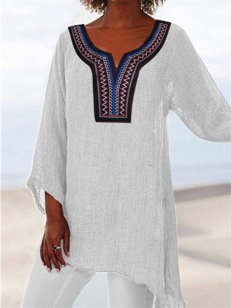 

Embroidery Mesh Boho Geometric Shirts & Tops, White, Long sleeve tops