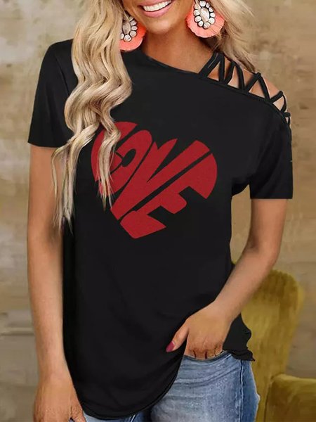 

Valentine's Day Casual Regular Fit V Neck Letter Shirts & Tops, Black, T-Shirts