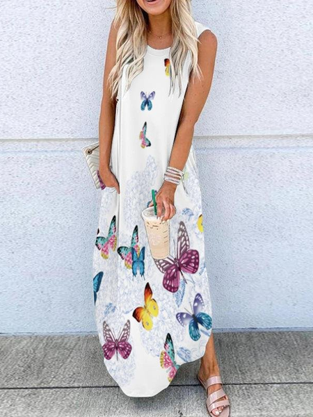 

Casual Butterfly Cotton Blends Vacation Maxi Dresses, White, Floral Dresses