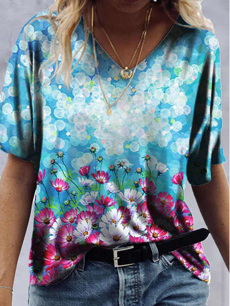 

Floral Casual Cotton Blends Loosen Shirts & Tops, Blue, T-Shirts