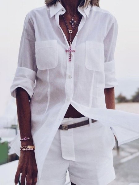 

Shirt Collar Regular Fit Simple Shirts & Tops, White, Shirts & Blouses