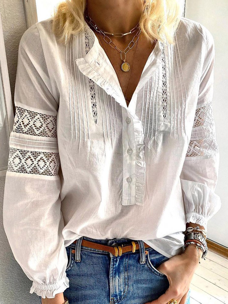 

Lace Panel Button Long Sleeve Shirt, White, Tops