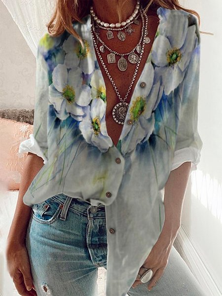 

Long Sleeves Floral Buttoned Stand Collar Plus Size Casual Shirt Tops, Multicolor, Blouses & Shirts