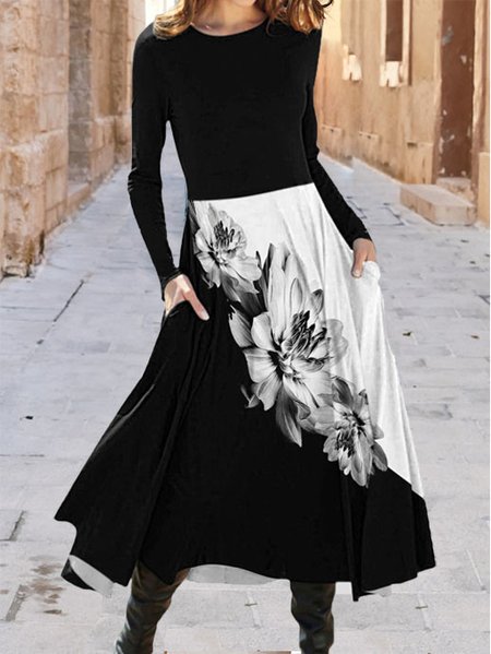 

Floral Casual Crew Neck Dresses, Black, Floral Dresses