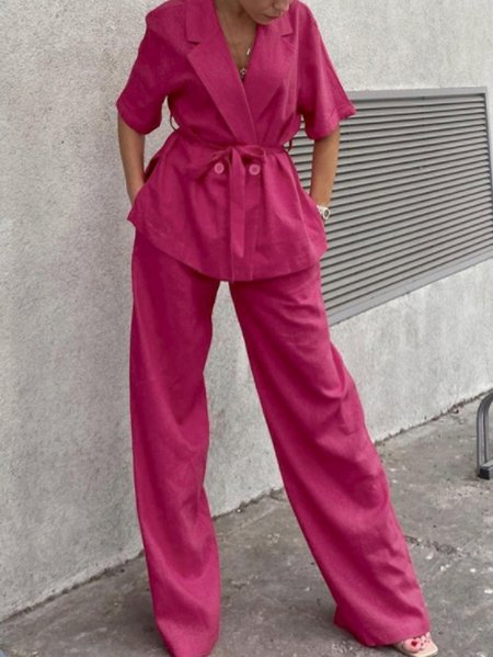 

Flat Collar Cotton Belted Casual Two Piece Sets, Red, Pants Set