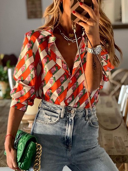 Striped Casual Loosen Shirts & Tops, Orange, Blouses & Shirts