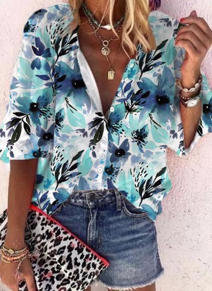 

Casual Bishop Sleeve V Neck Loosen Shirts & Tops, Blue, Blouses & Shirts