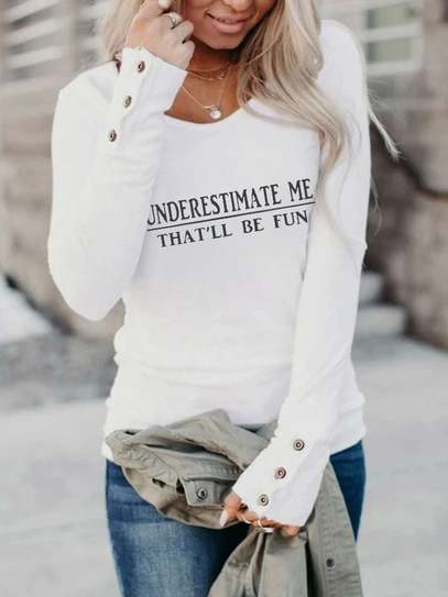 

Letter Regular Fit Round Neck Letter Shirts & Tops, White, Long sleeve tops