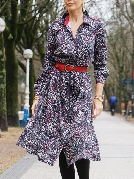 

Shirt Collar Buttoned Floral Dresses, Multicolor, Midi Dresses