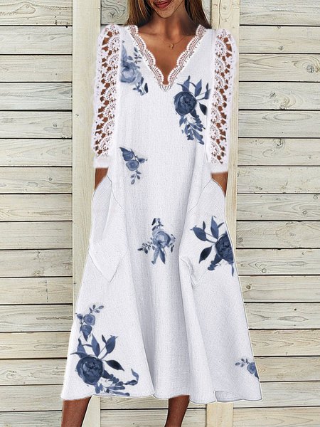 

Floral Loosen spring boho midi Dresses, White, Midi Dresses