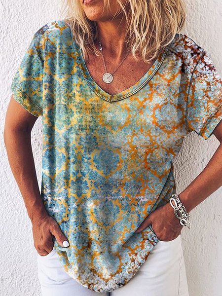 

Geometric V Neck Vintage Shirts & Tops, Multicolor, T-Shirts