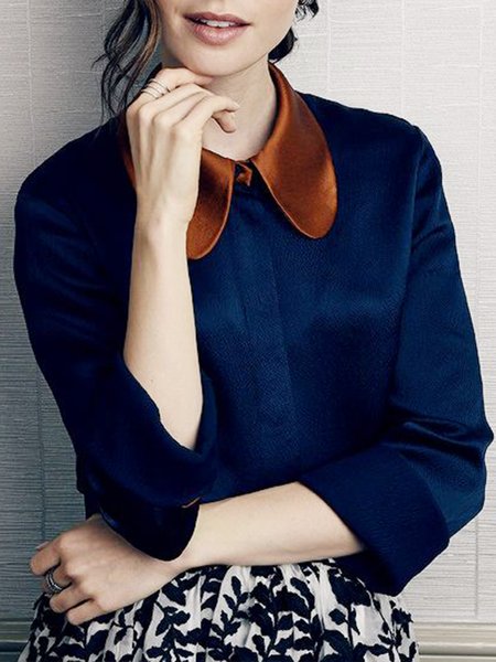 Elegant Turtle Neck Regular Fit Daily Shirt, Deep blue, Blouses and Shirts