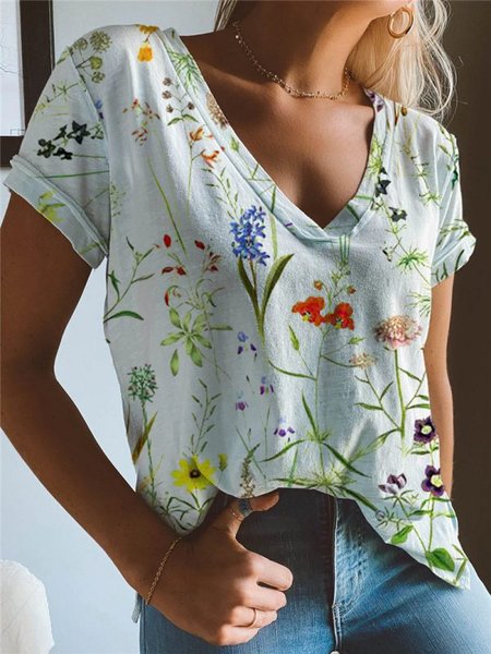 

JFN V Neck Floral Vacation T-Shirt/Tee, White, T-Shirts