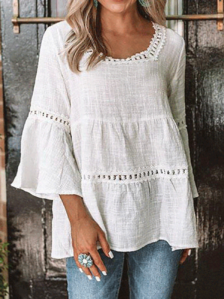 

Casual Solid Flare Sleeve Shirts & Tops, White, Tops