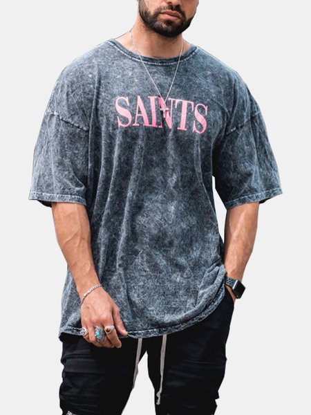 

Men's Round Neck Text Element Print Short Sleeve Tee, Gray, T-shirt