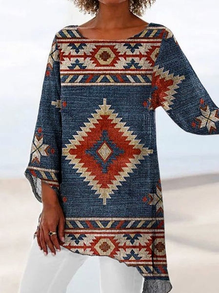 

Geometric Crew Neck Cotton Blends Shirts & Tops, Blue, Long sleeve tops