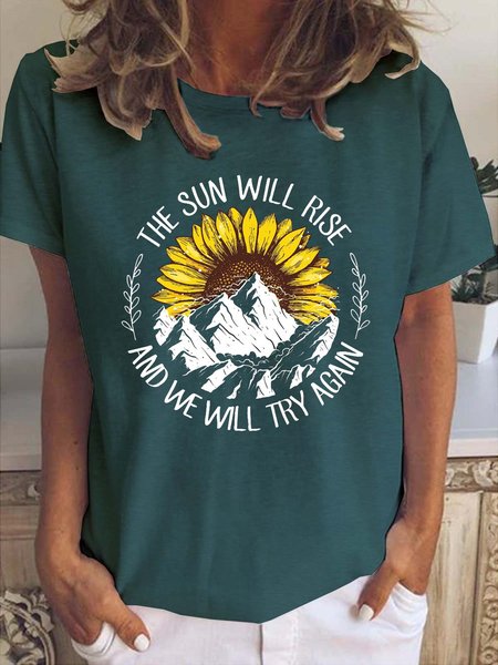 

Sunflower Print Crew Neck Short Sleeve T-Shirt, Dark green, T-shirts