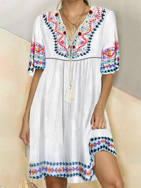 Paisley Boho v neck summer Cotton Short sleeve Woven Dress, White, Mini Dresses