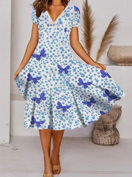 

Butterfly Printed V Neck Casual Midi A-line Dresses, Blue, Midi Dresses