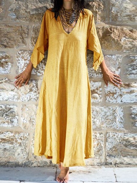 

Casual Vacation Cotton blends Big Hem V-neck Loosen Long Dresses, Yellow, Maxi Dresses