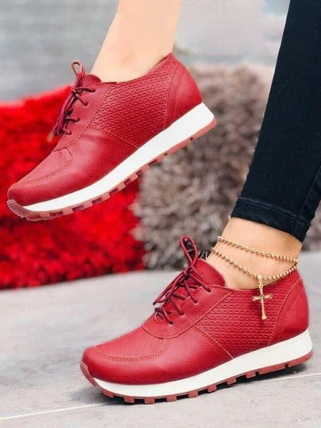 

Faux Leather Panel Soft Lace-Up Sneakers, Red, Flat & Loafers