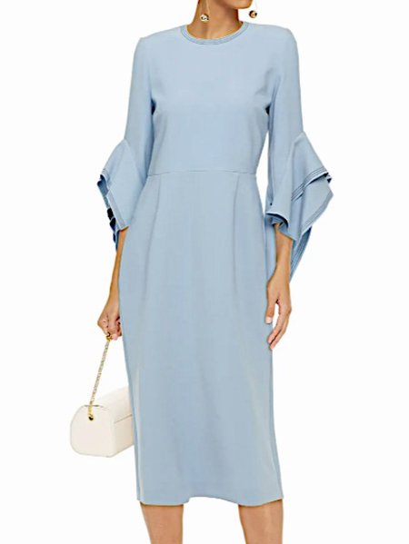 

Frill Sleeve Regular Fit Round Neck Elegant Dress, Blue, Midi Dresses