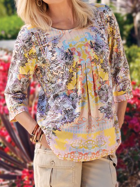 Vacation Loosen Crew Neck Shirts & Tops, Multicolor, Long sleeve tops