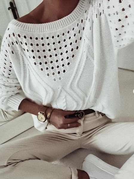 

Wool/Knitting Guipure Hollow Out Sweater, White, Sweaters