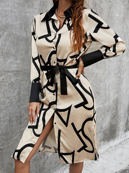 

Letter Elegant Color Block Shirt Collar Dress, Champagne, Midi Dresses