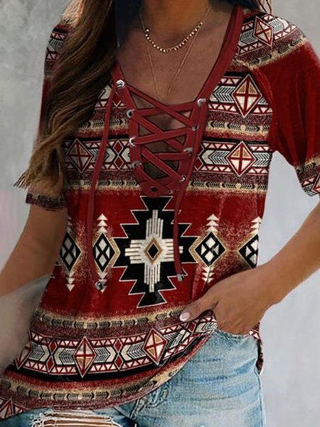 

Cotton Blends Geometric V Neck Shirts & Tops, Red, T-Shirts