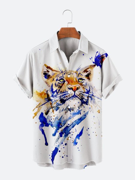 

Tiger Butterfly Print Short Sleeve Shirt, As picture, Short Sleeves Shirts