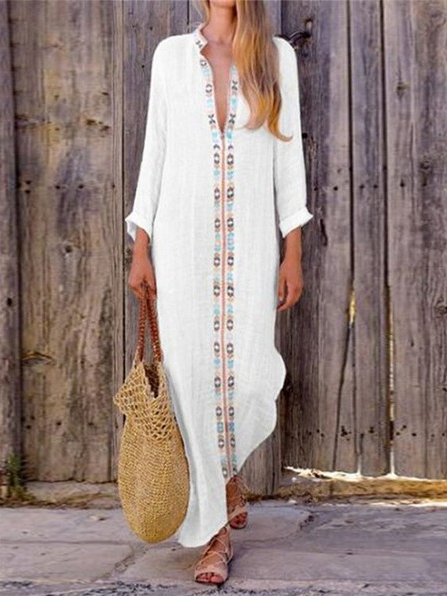 

Casual Loosen Dresses Floral Print V-Neck Casual Dress, White, Maxi Dresses