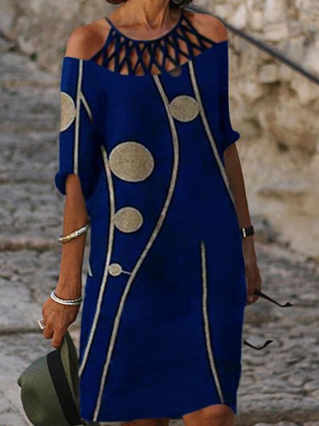 

Eyelet Crew Neck Cotton Blends Dresses, Deep blue, Casual Dresses