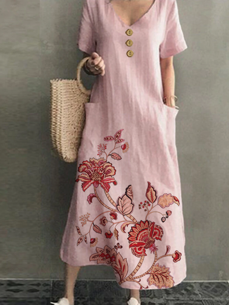 

Short Sleeve V Neck Side Pocket Floral Dress Loosen Boho V Neck Dresses, Pink, Floral Dresses