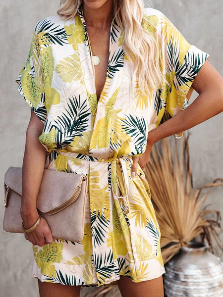 

Printed short-sleeve lace-up mid-length women's cardigan, Yellow, Outerwear