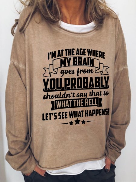 

Funny text print round neck long-sleeved Sweatershirt, Light brown, Hoodies&Sweatshirts