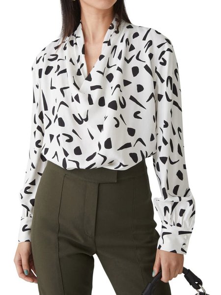

Cowl neck Daily Simple Long sleeve Shirt, Black-white, Tops