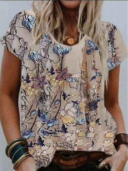 

Crew Neck Loosen Floral Shirts & Tops, Khaki, Tees & T-shirts
