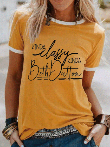 

Letter Print Crew Neck Casual Short Sleeve Top, Yellow, T-Shirts
