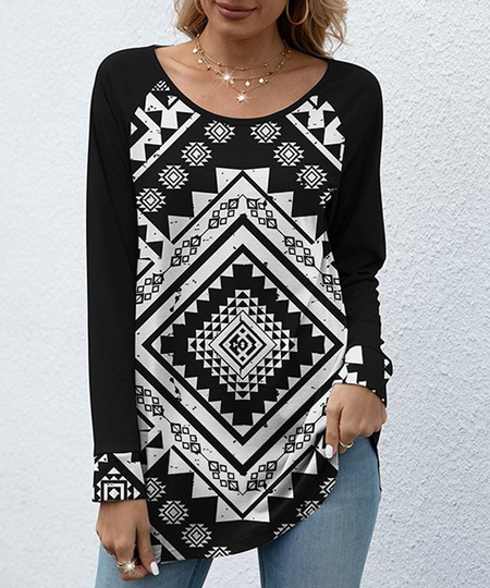

Black & White Abstract Raglan Tunic Loosen Grid Shirts & Tops, Long sleeve tops