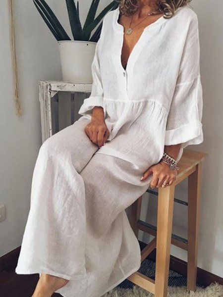 

Vacation V Neck Cotton Beach Holiday Date Solid Long Dresses, White, Maxi Dresses