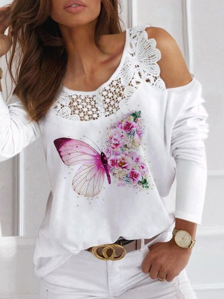 

Loosen Casual Crew Neck Shirts & Tops, White, T-Shirts