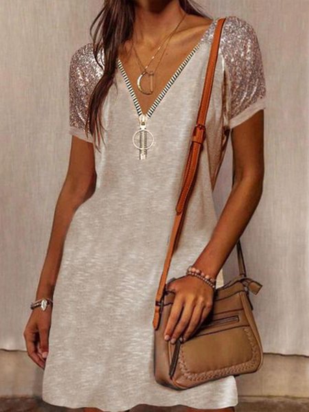 

Casual Solid Cotton Blends Dresses Basics Simple Zipper Plus Size Gliter Sequins, Khaki, Casual Dresses