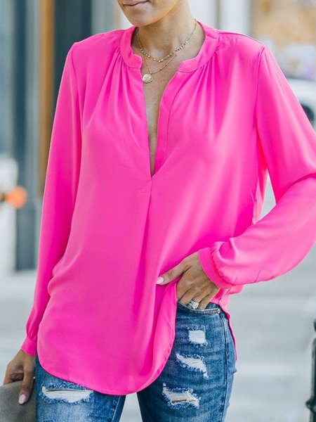 

Casual Long Sleeve V Neck Plus Size Tops, Rose red, Tops