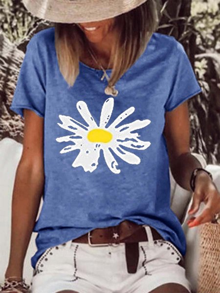 Summer Daisy Print Women's Short sleeve tops, Blue, T-shirts