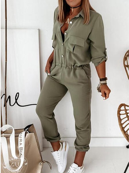 

Elegant Solid Shirt Collar One-Pieces, Green, Jumpsuits＆Rompers